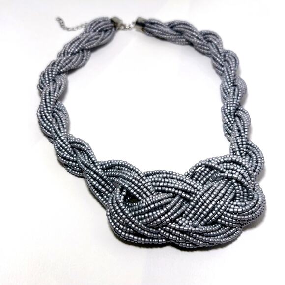 Beaded Multi Strand Twisted Knot Statement Collar Necklace, Silver Grey (NWT) - Picture 2 of 7